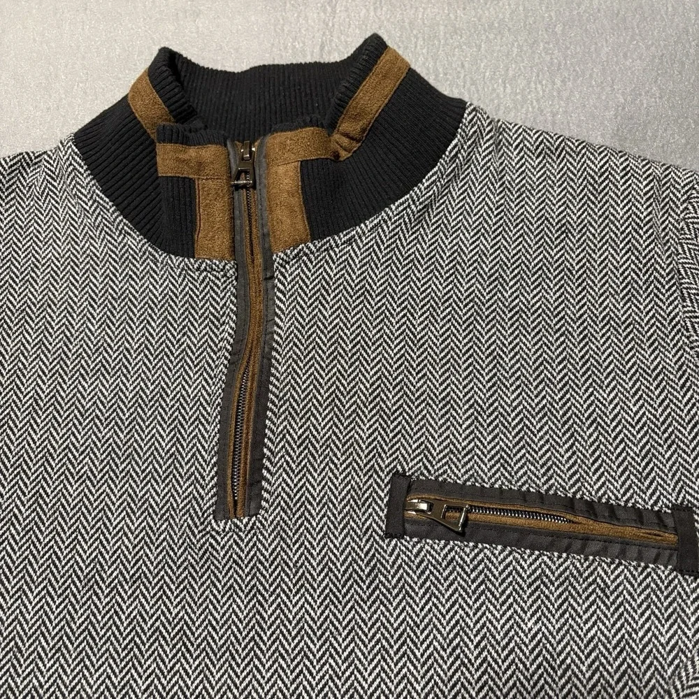 Dewberry Quarter Zip Sweater Mens XL Gray Herringbone Suede Mock‎ Neck Pullover